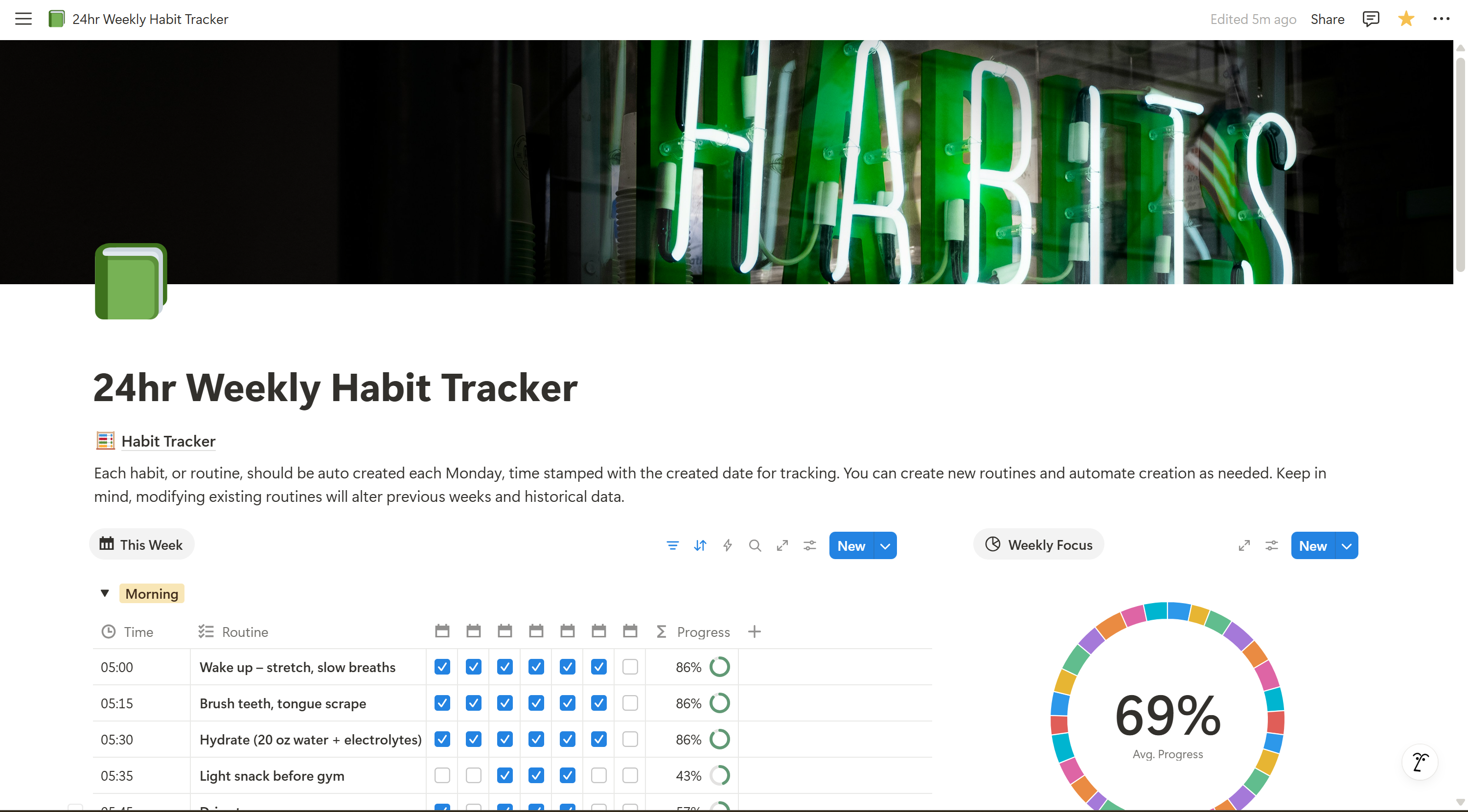 Notion habit tracker template showing 24hr weekly habit tracking dashboard with progress circle and routine tasks