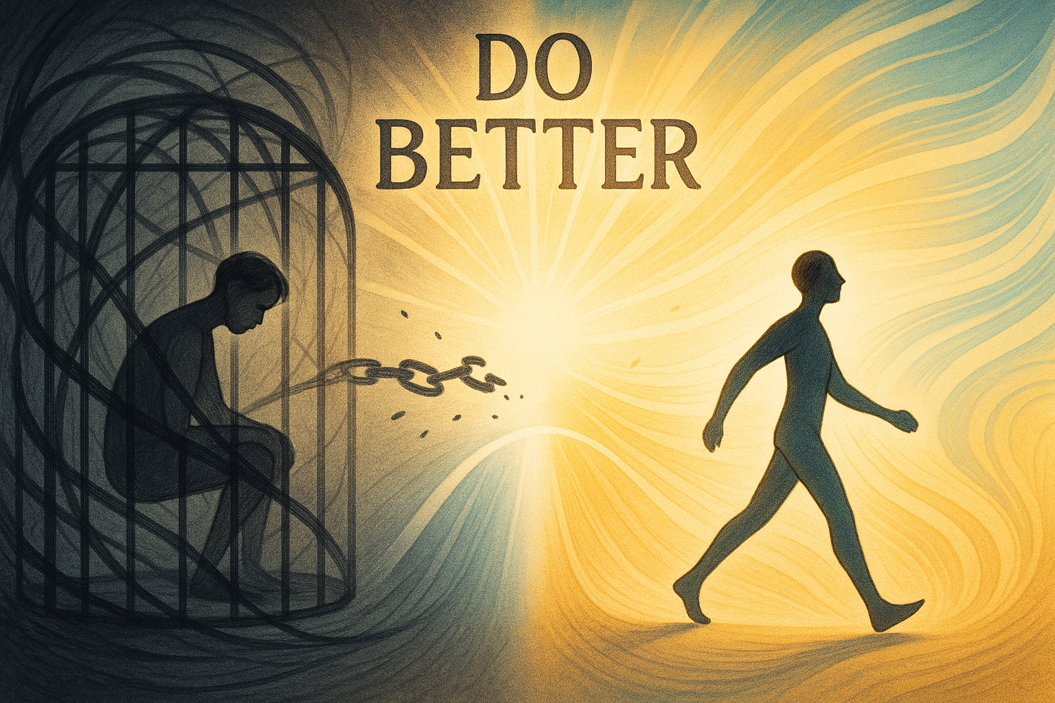 Illustration of a person breaking free from chains and a cage symbolizing scaling from paycheck to success