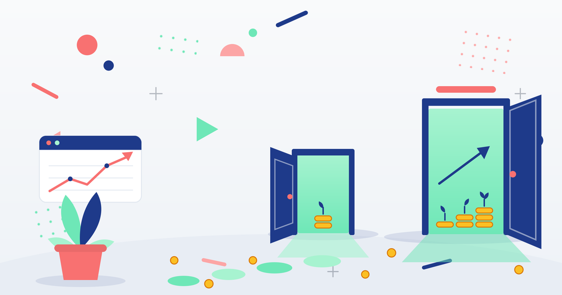A small and a large open navy door with mint light, rising gold coin stacks, and sprouts spilling out — the backdoor and mega backdoor Roth paths to tax-free growth
