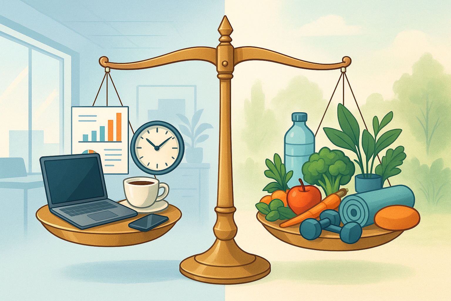 Balancing Health and Hustle Without Burning Out scale with laptop coffee clock opposite water veggies dumbbells and yoga mat