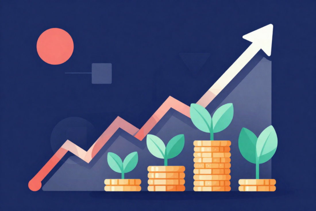 Stacks of gold coins growing taller from left to right with green sprouts on top and a rising arrow, on a navy background — the investing order of operations