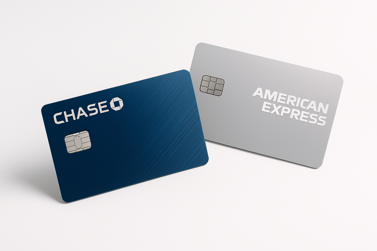 Two credit cards on white background showing Chase and American Express illustrating how to maximize credit card rewards strategy