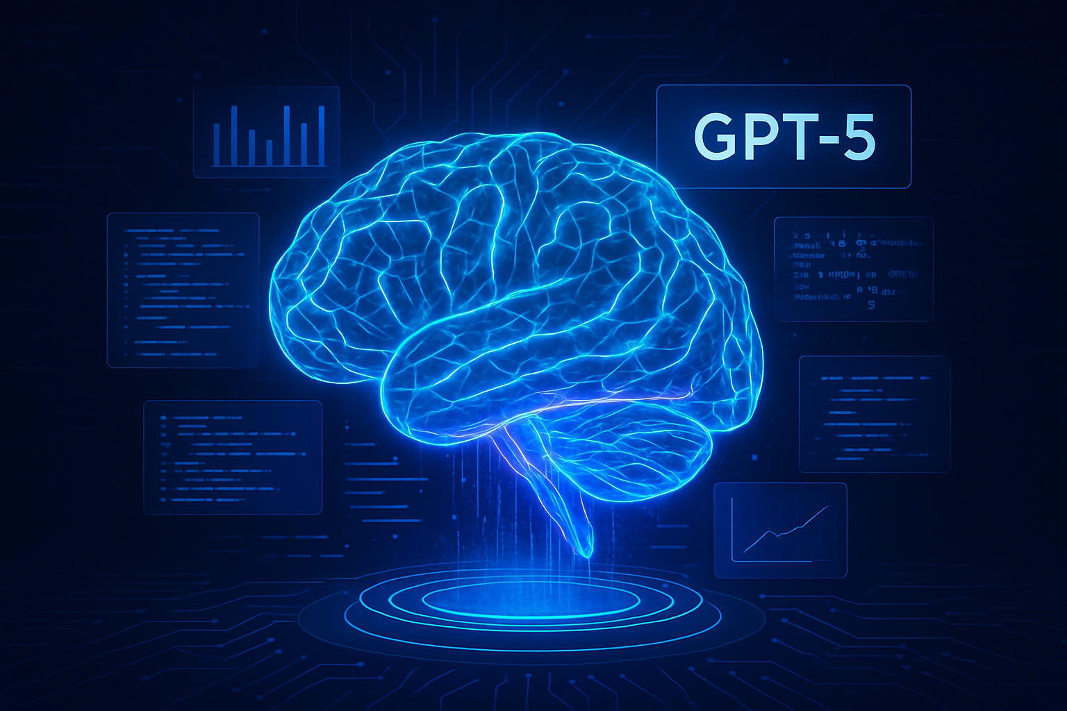 Digital blue brain hologram with data visuals representing GPT-5 Best Language Model Yet
