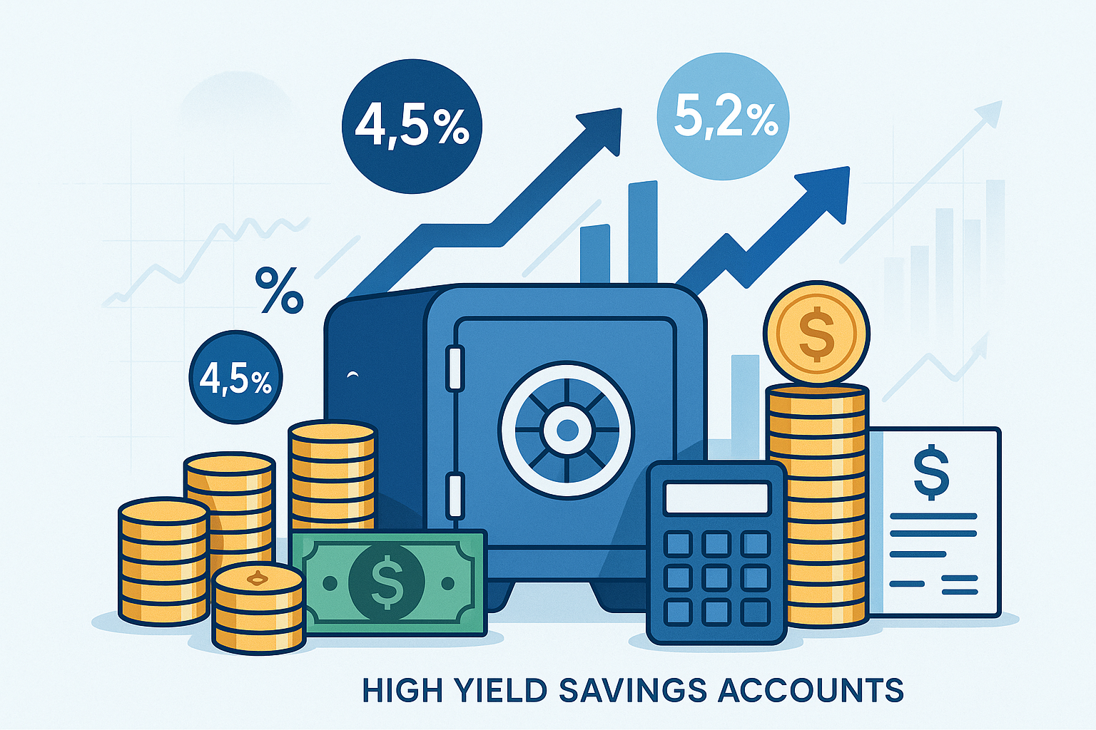 a safe, stacks of coins, dollar bills, calculator, and upward interest rate arrows to signify high-yield savings account