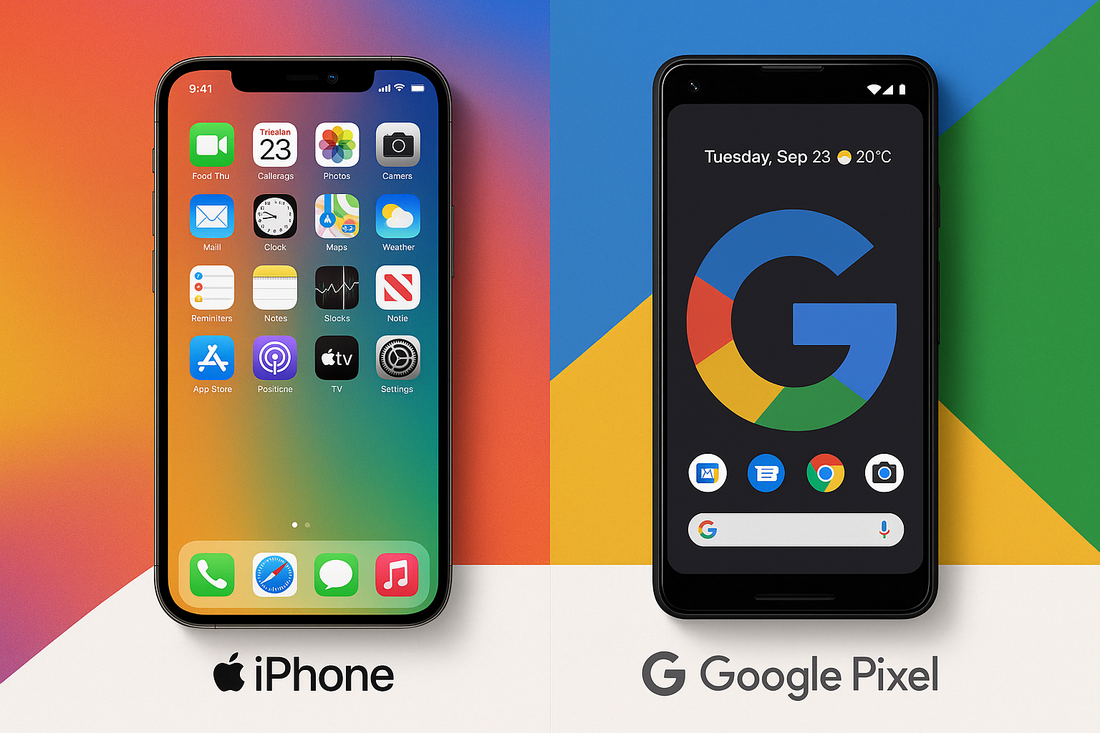 Side by side comparison of an iPhone and Google Pixel phone illustrating why switch from iPhone to Google Pixel in reviews