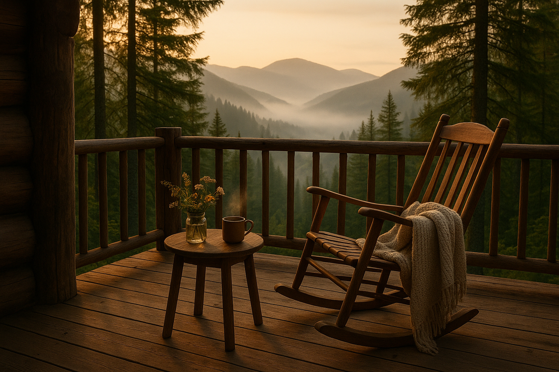Rocking chair and coffee on a cabin deck overlooking misty mountains at sunrise mindful labor day weekend planning tips