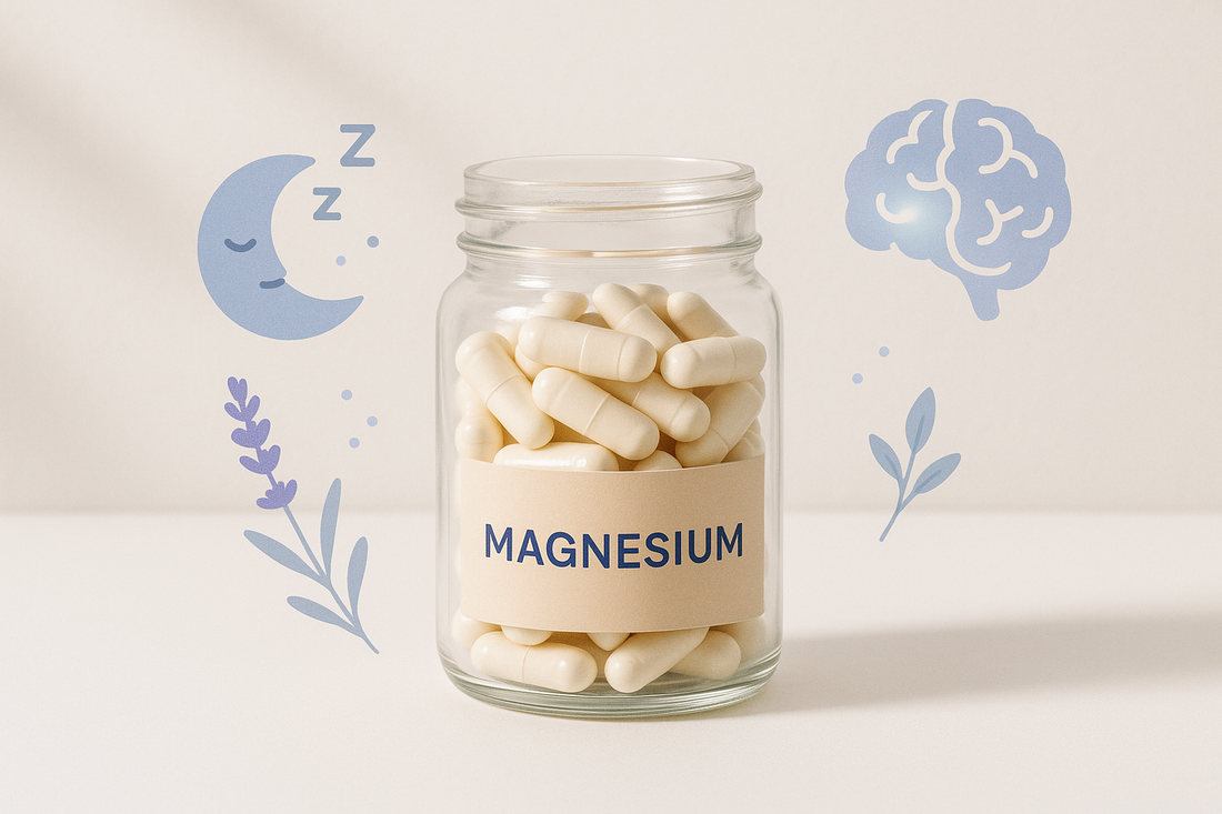 Jar of magnesium capsules with sleep and brain icons representing brain fog, anxiety, and sleep support