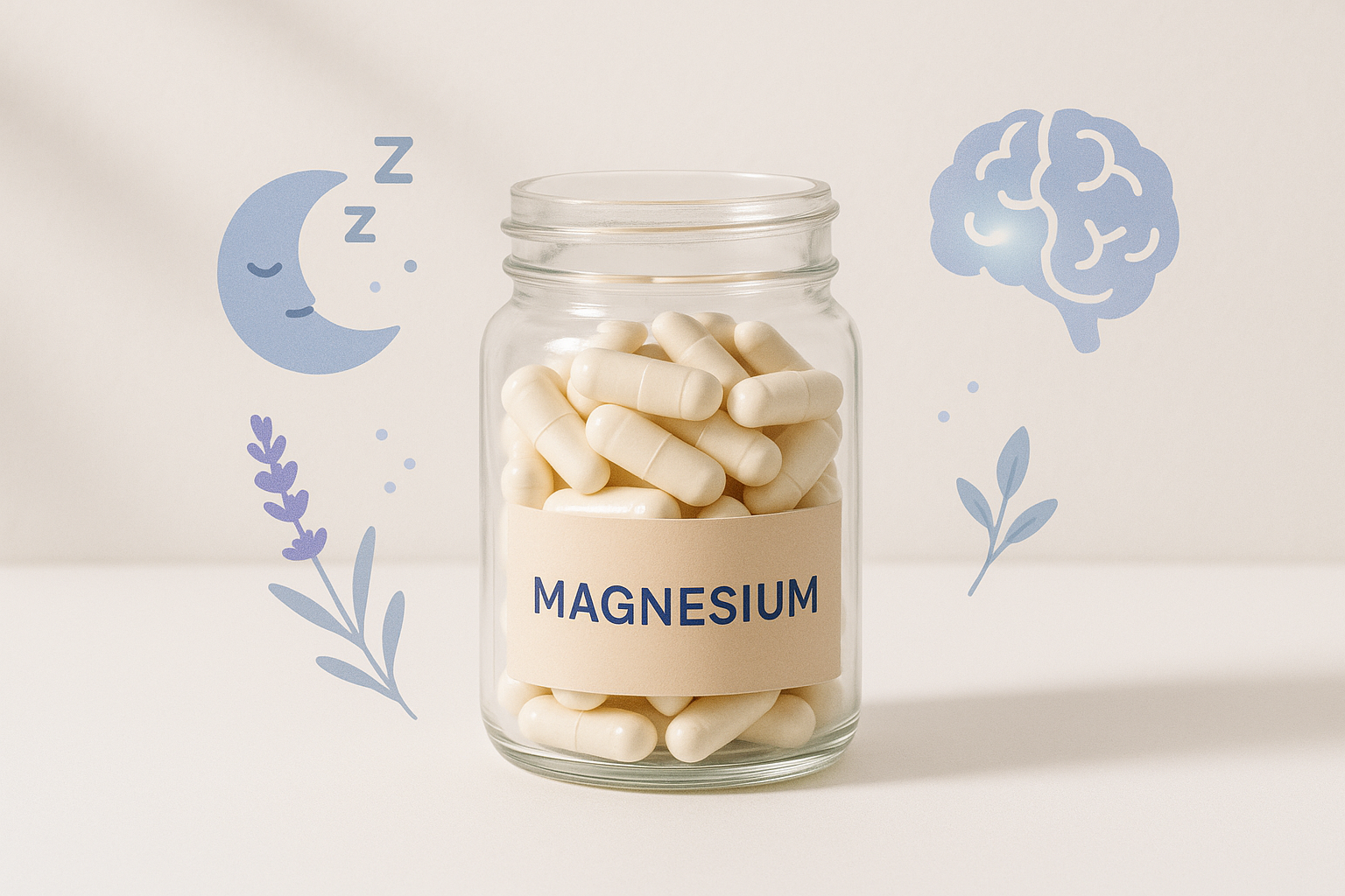 Jar of magnesium capsules with sleep and brain icons representing brain fog, anxiety, and sleep support