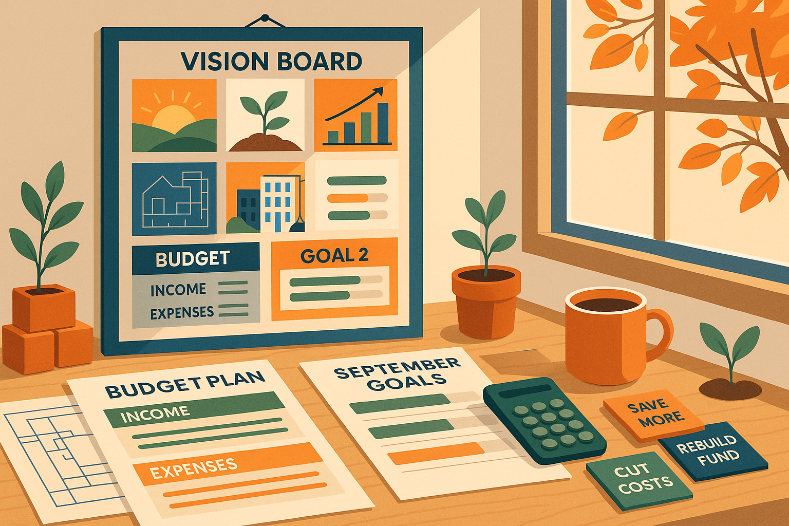 Desk with vision board budget plan calculator coffee potted plants and September goals September reset regroup rebuild