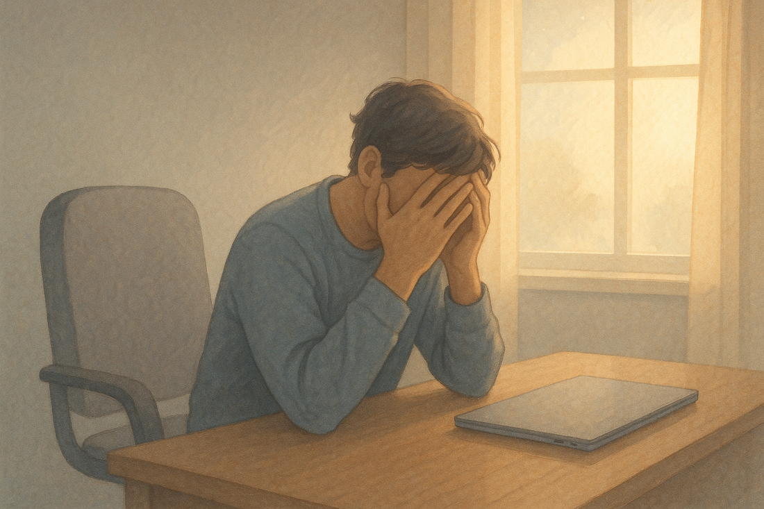 Man sitting at desk with head in hands reflecting on early retirement planning for beginners