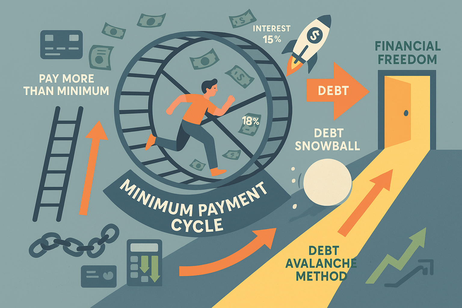Illustration showing how minimum payments keep you in debt with a man running in a hamster wheel labeled minimum payment cycle