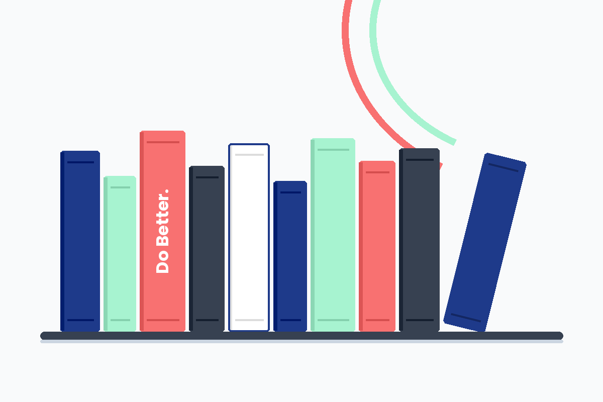 Illustrated row of colorful book spines in Scaling Better brand colors representing recommended reads