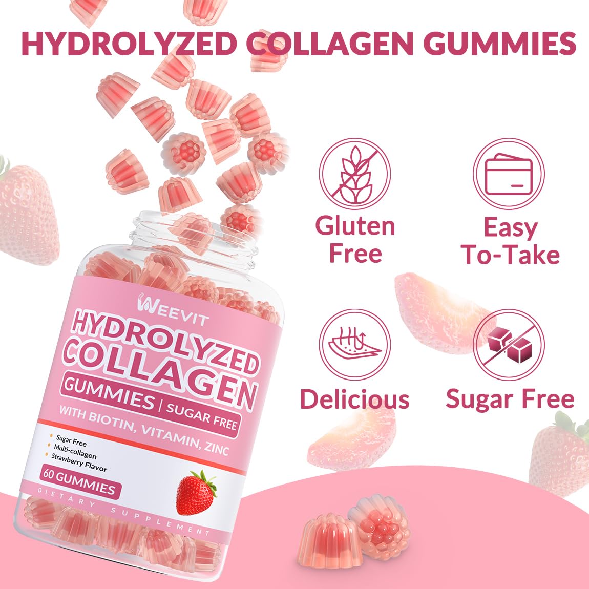 Sugar Free Collagen Gummies for Women, Collagen Protein Type I,II,III,V,X with Biotin Vitamin C D B12, Hydrolyzed Collagen Peptides Gummies for Immune Digestion Skin Hair Nails Energy Bone