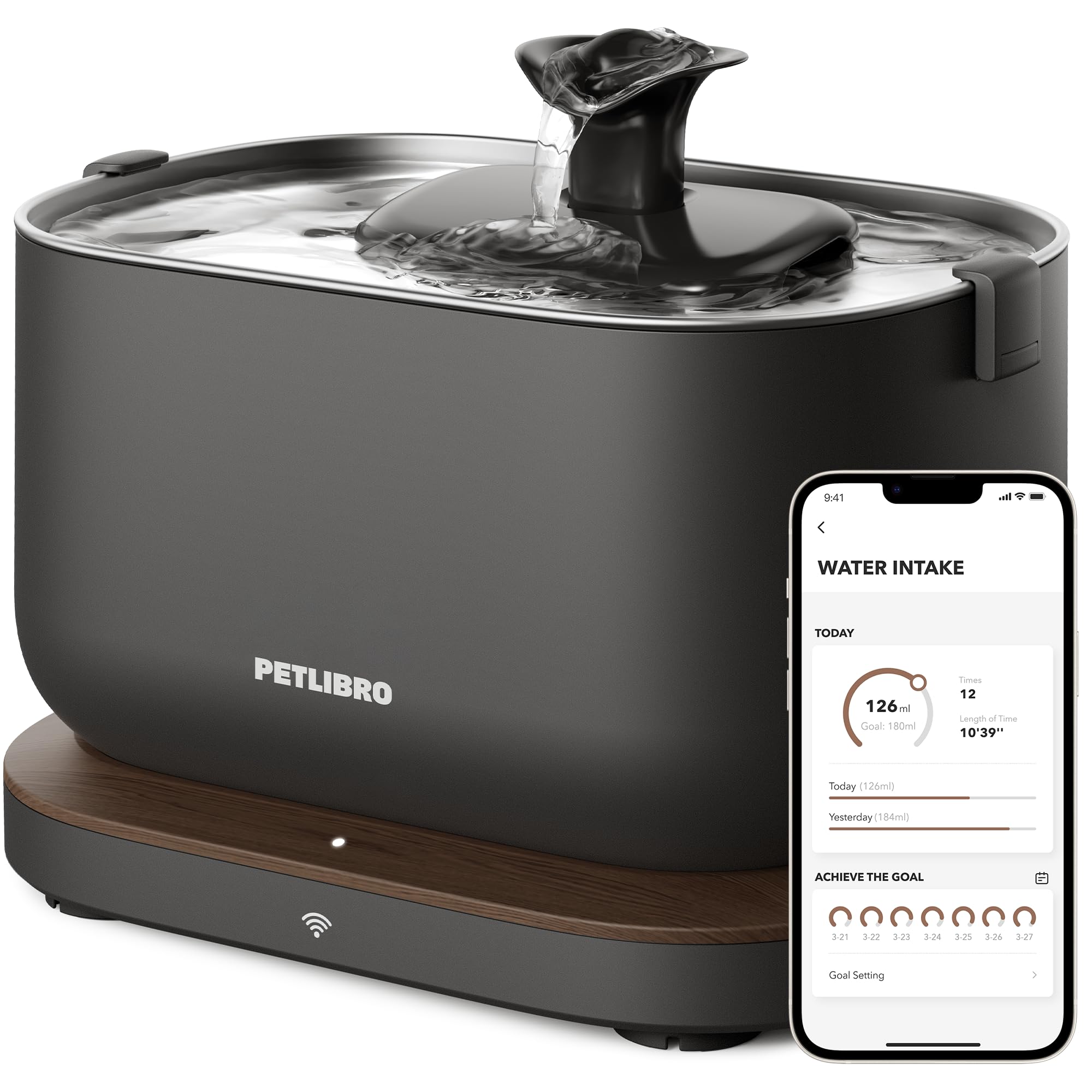 PETLIBRO stainless steel cat water fountain in black with smart pump and app monitoring