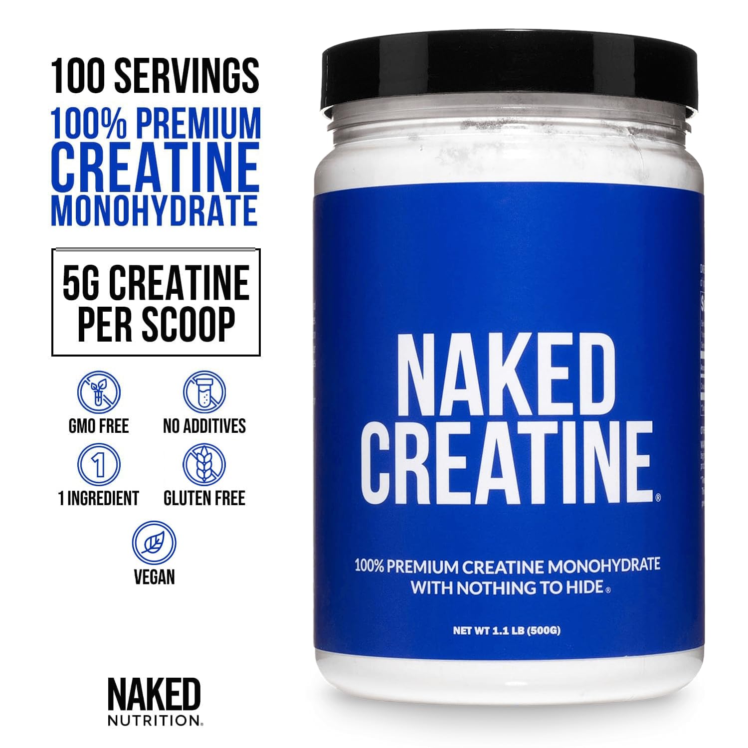 NAKED Pure Creatine Monohydrate Powder — Unflavored, 100 Servings