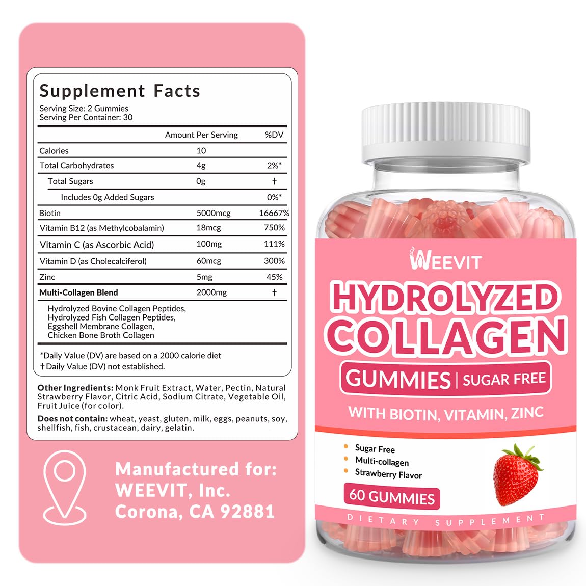 Sugar Free Collagen Gummies for Women, Collagen Protein Type I,II,III,V,X with Biotin Vitamin C D B12, Hydrolyzed Collagen Peptides Gummies for Immune Digestion Skin Hair Nails Energy Bone