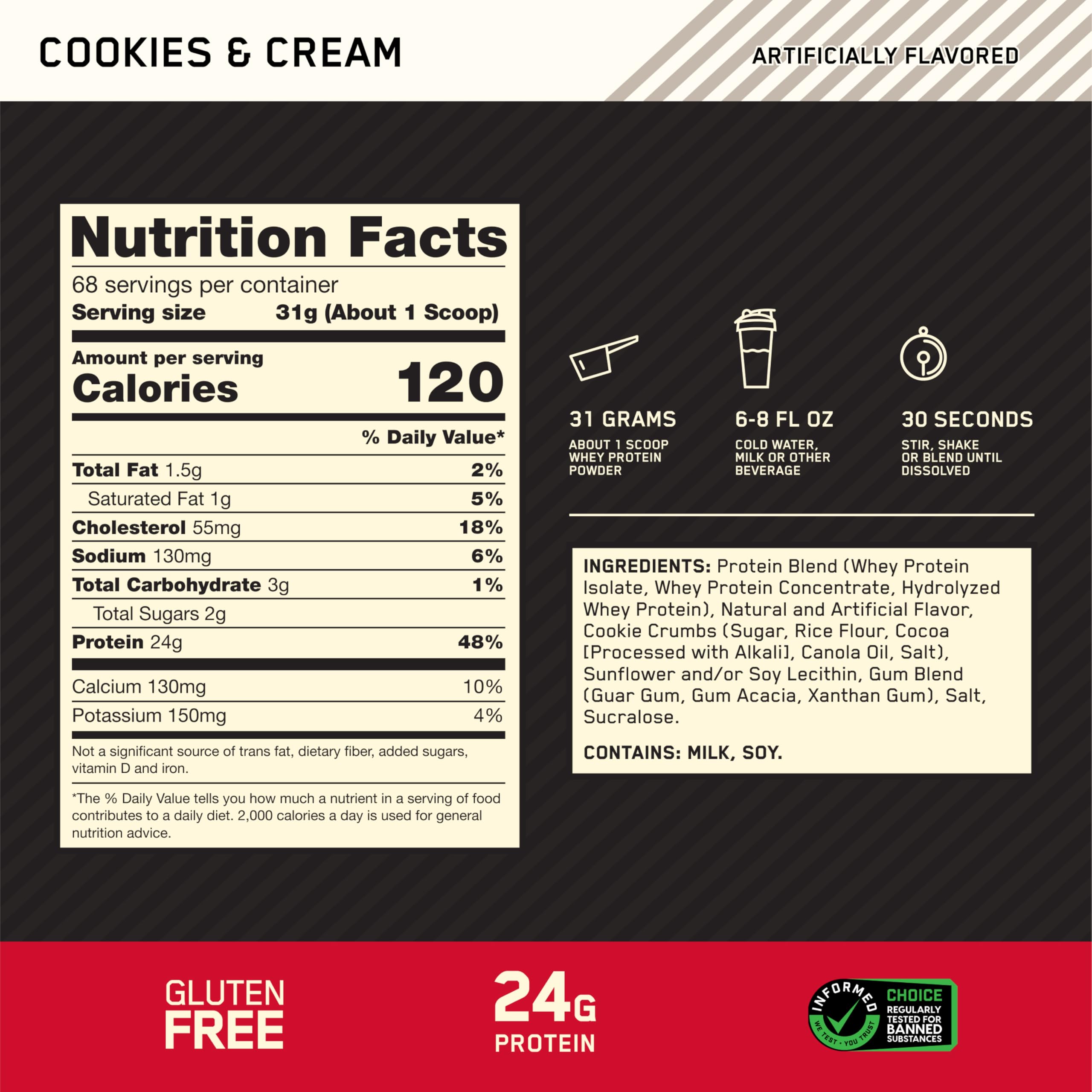 Optimum Nutrition Gold Standard 100% Whey Protein Powder, Cookies & Cream, 5 Pound (Packaging May Vary)