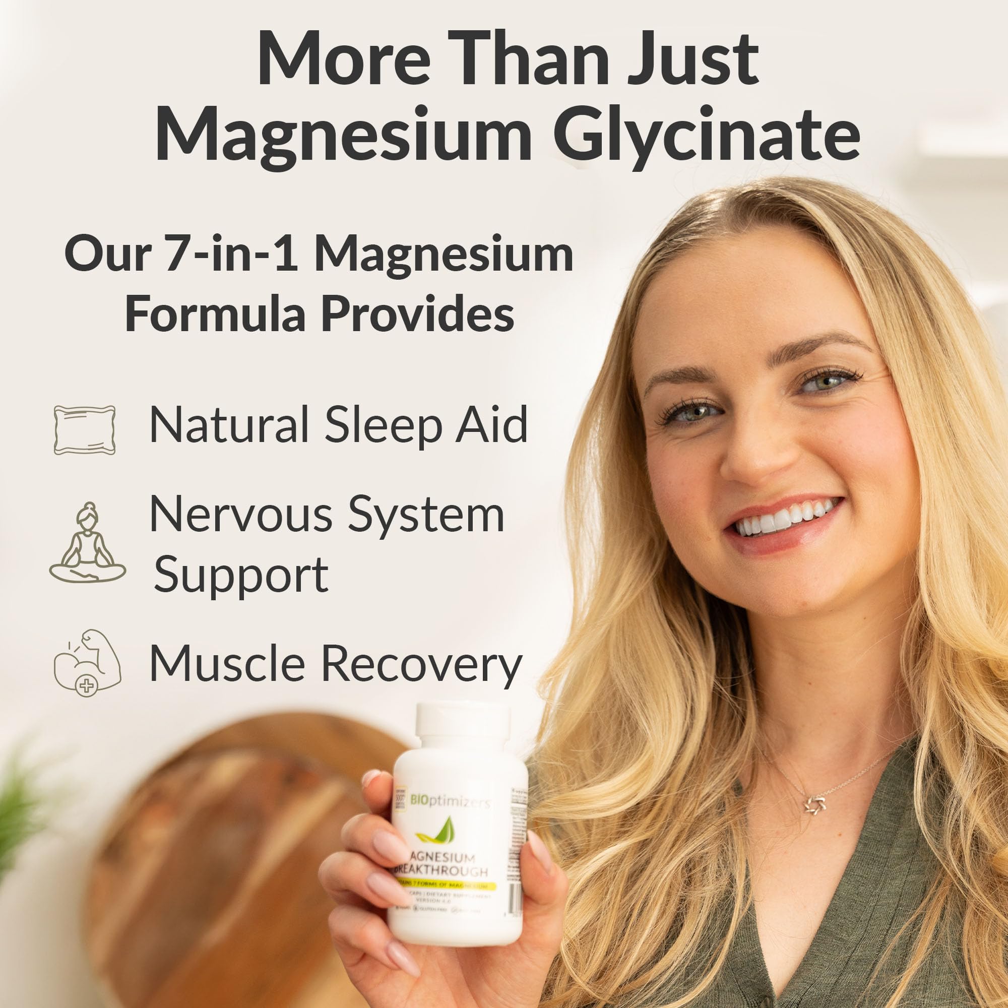 Woman holding BIOptimizers Magnesium Breakthrough supplement bottle highlighting natural sleep aid and muscle recovery benefits