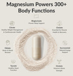 Magnesium Breakthrough supplement capsule with powder showing benefits like sleep support and muscle recovery