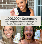 Three people happily holding BIOptimizers Magnesium Breakthrough supplement bottles promoting restful sleep and calm