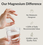 Hand holding Magnesium Breakthrough supplement pill above glass of water with benefits listed