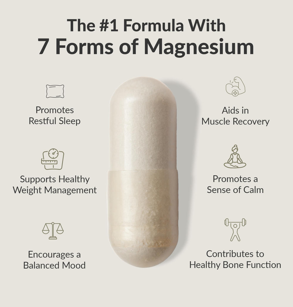 Magnesium Breakthrough supplement capsule with seven forms of magnesium promoting sleep muscle recovery and calm