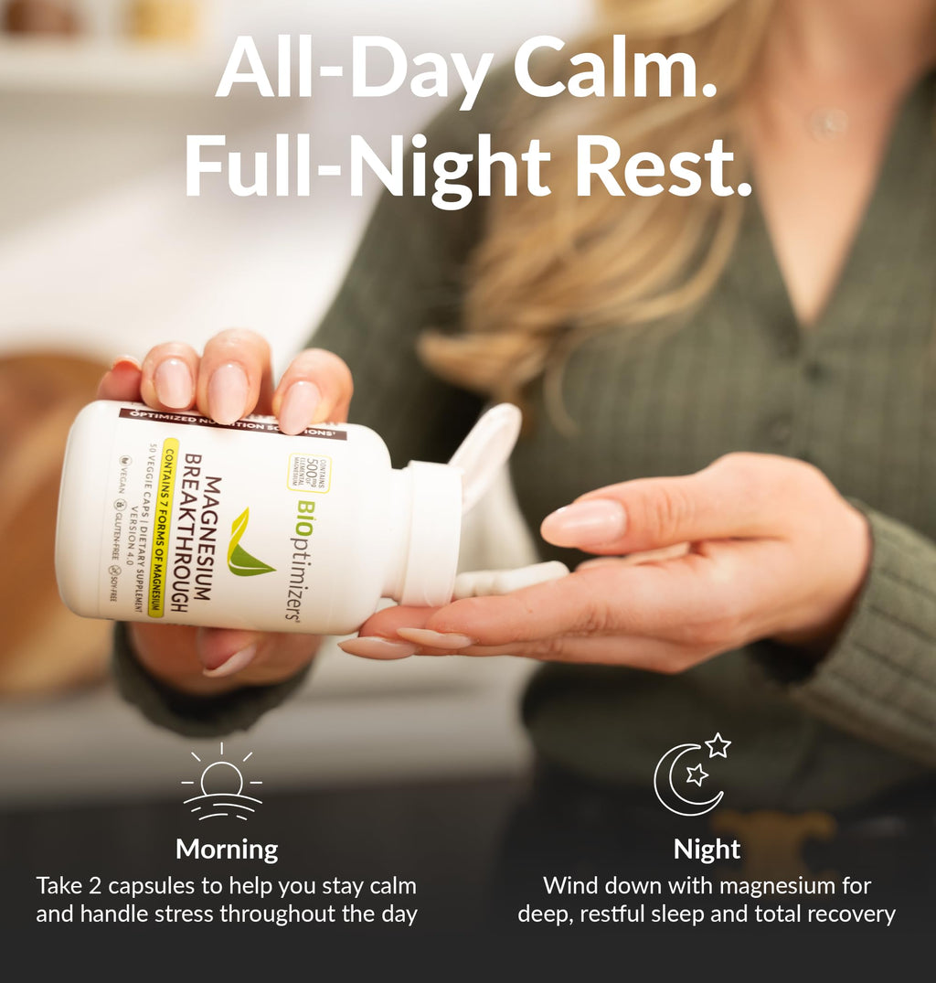 BIOptimizers Magnesium Breakthrough supplement bottle being poured into hand for all-day calm and full-night rest