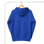 Blue do better crew hoodie by Scaling Better hanging on wooden hanger with hood visible from back