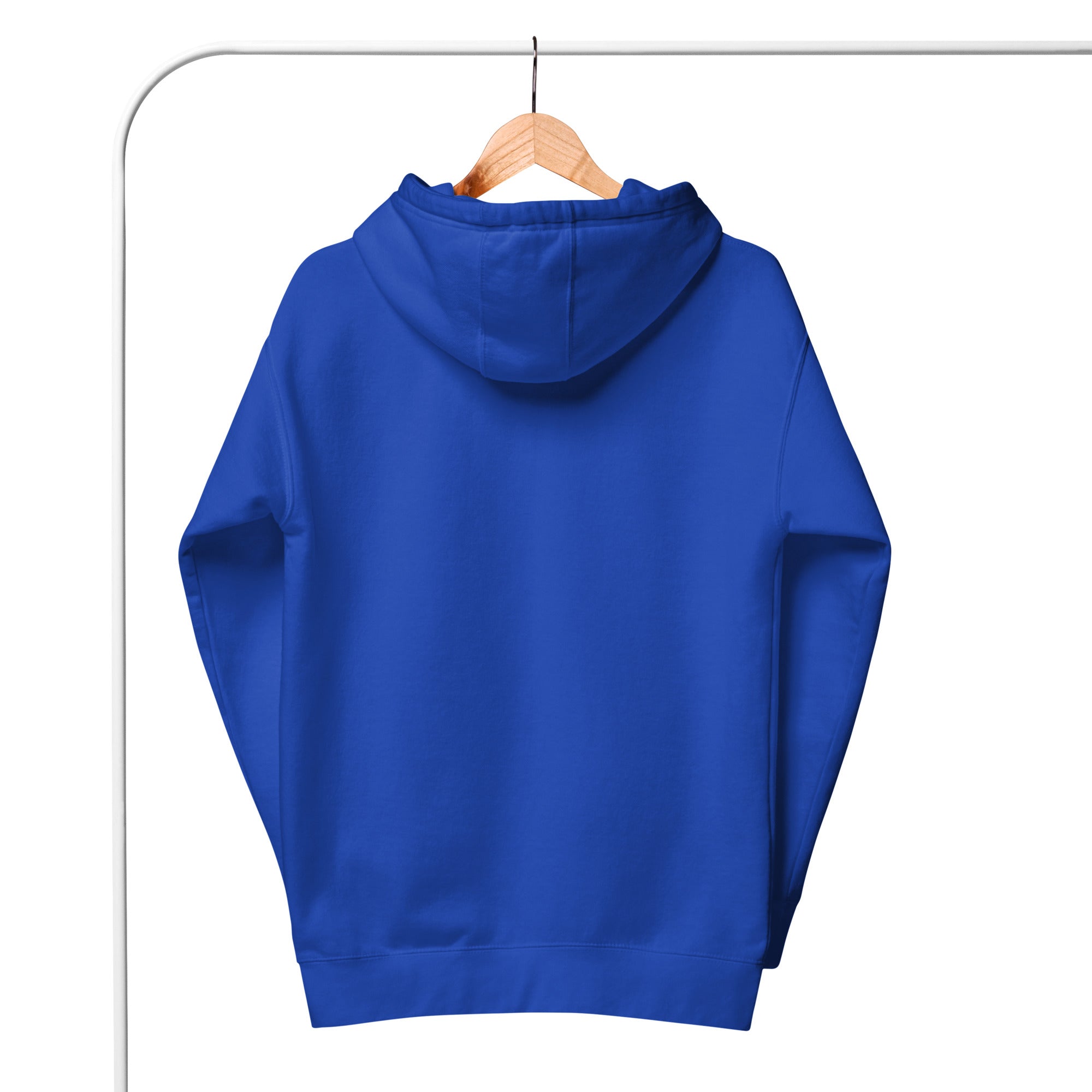 Blue do better crew hoodie by Scaling Better hanging on wooden hanger with hood visible from back
