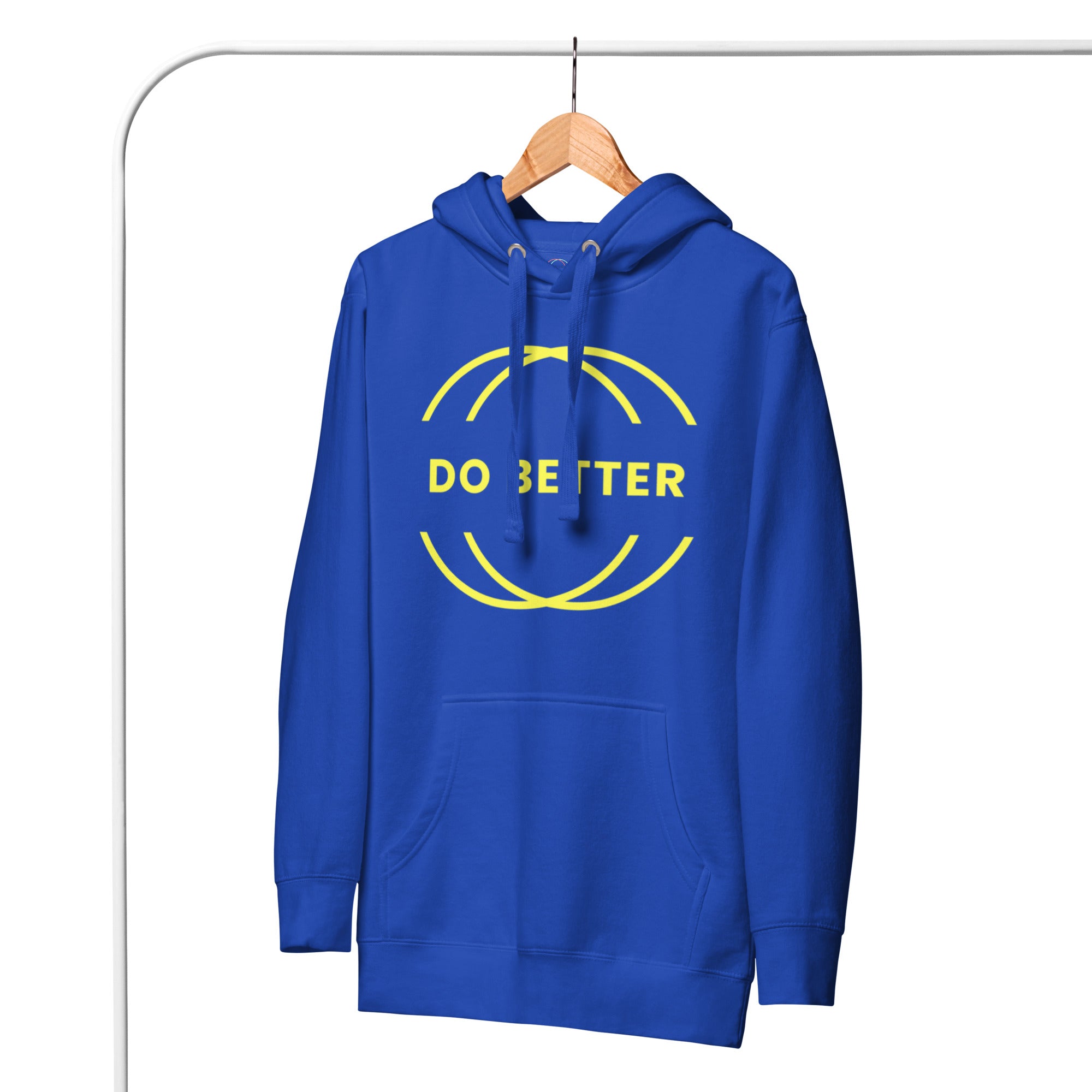 Blue do better crew hoodie with yellow circular design and front pocket hanging on wooden hanger