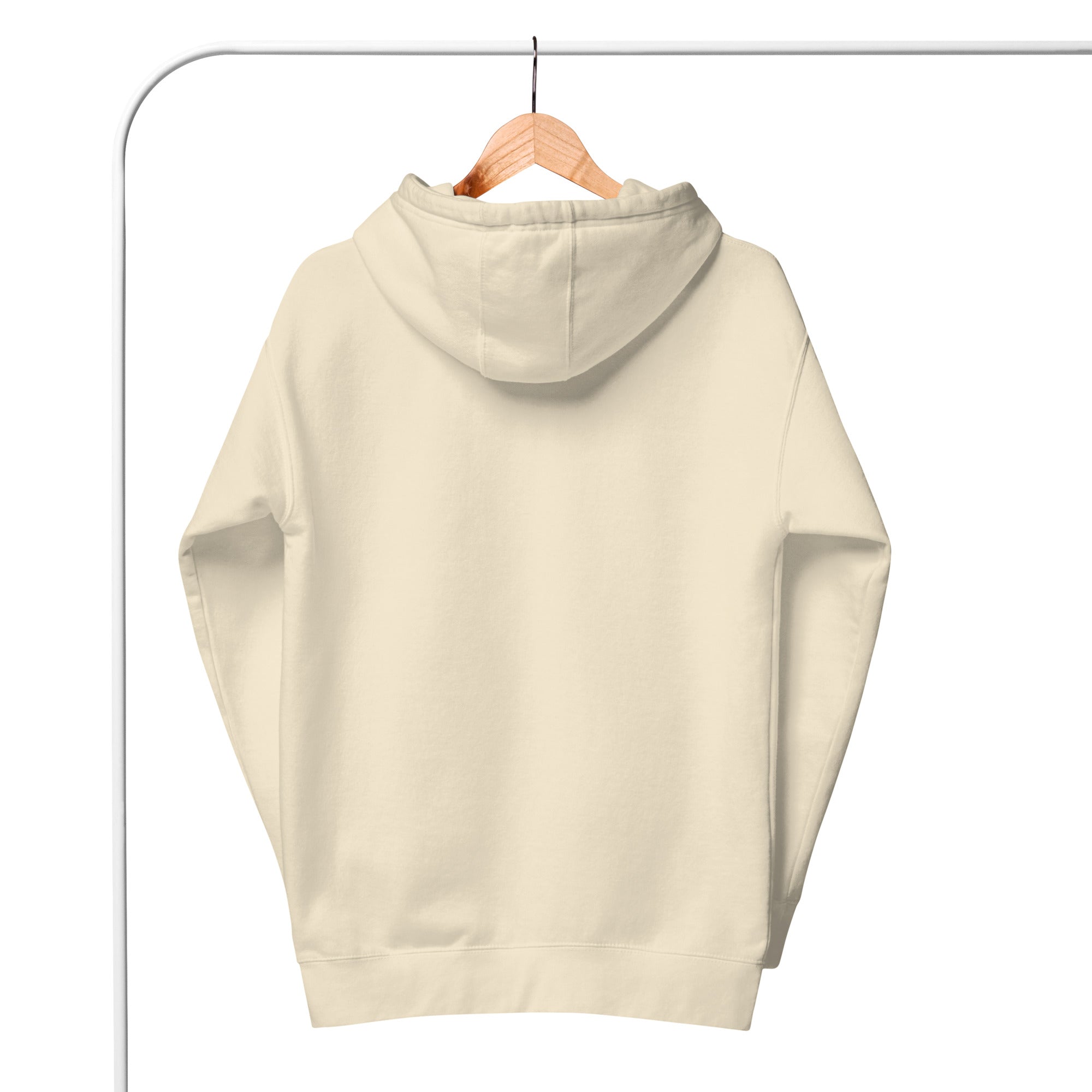 Back view of do better hoodie cream city in cream color hanging on wooden hanger