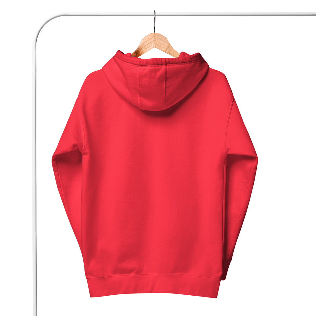 Red hoodie displayed from the back on a wooden hanger against white background