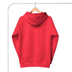 Red hoodie displayed from the back on a wooden hanger against white background