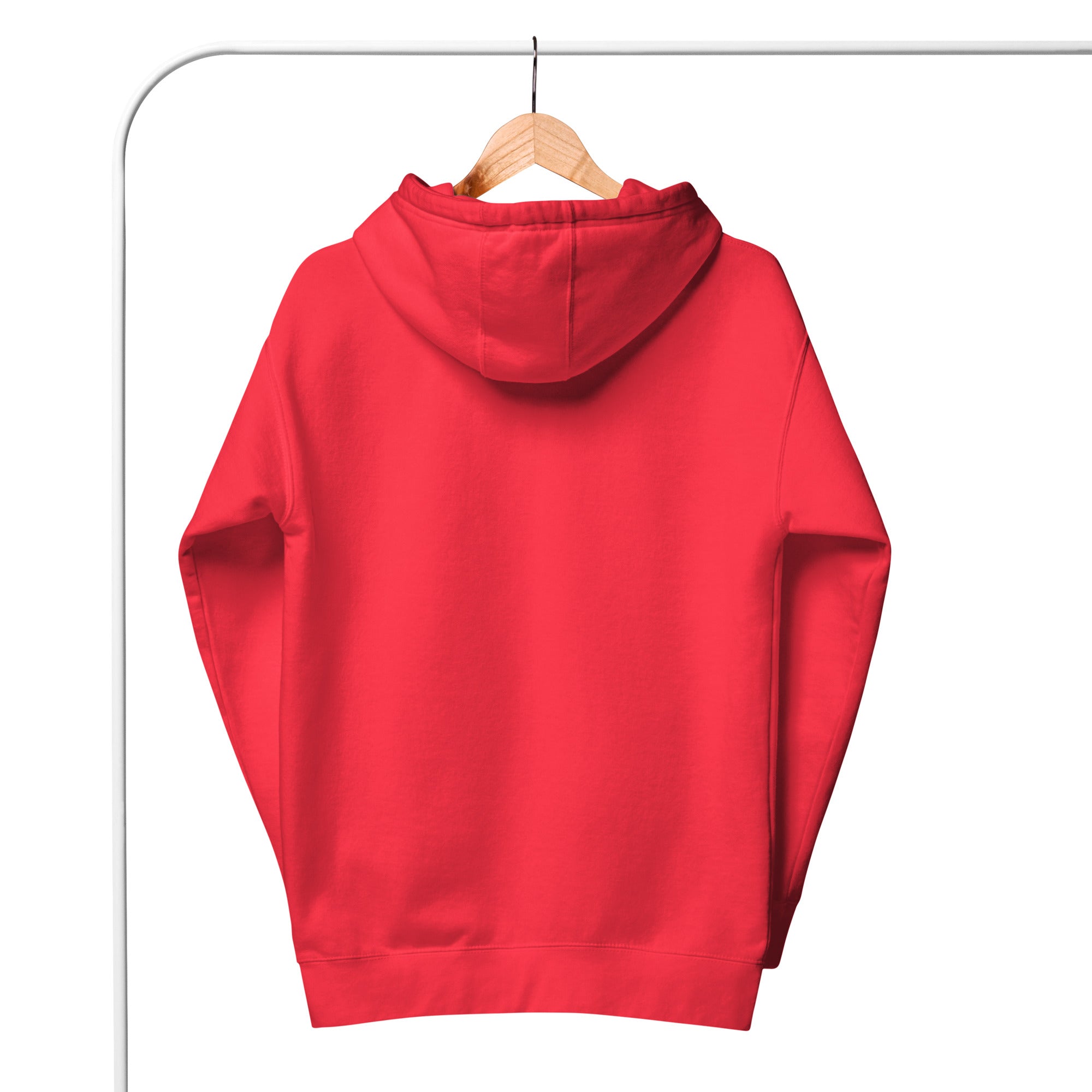 Red hoodie displayed from the back on a wooden hanger against white background
