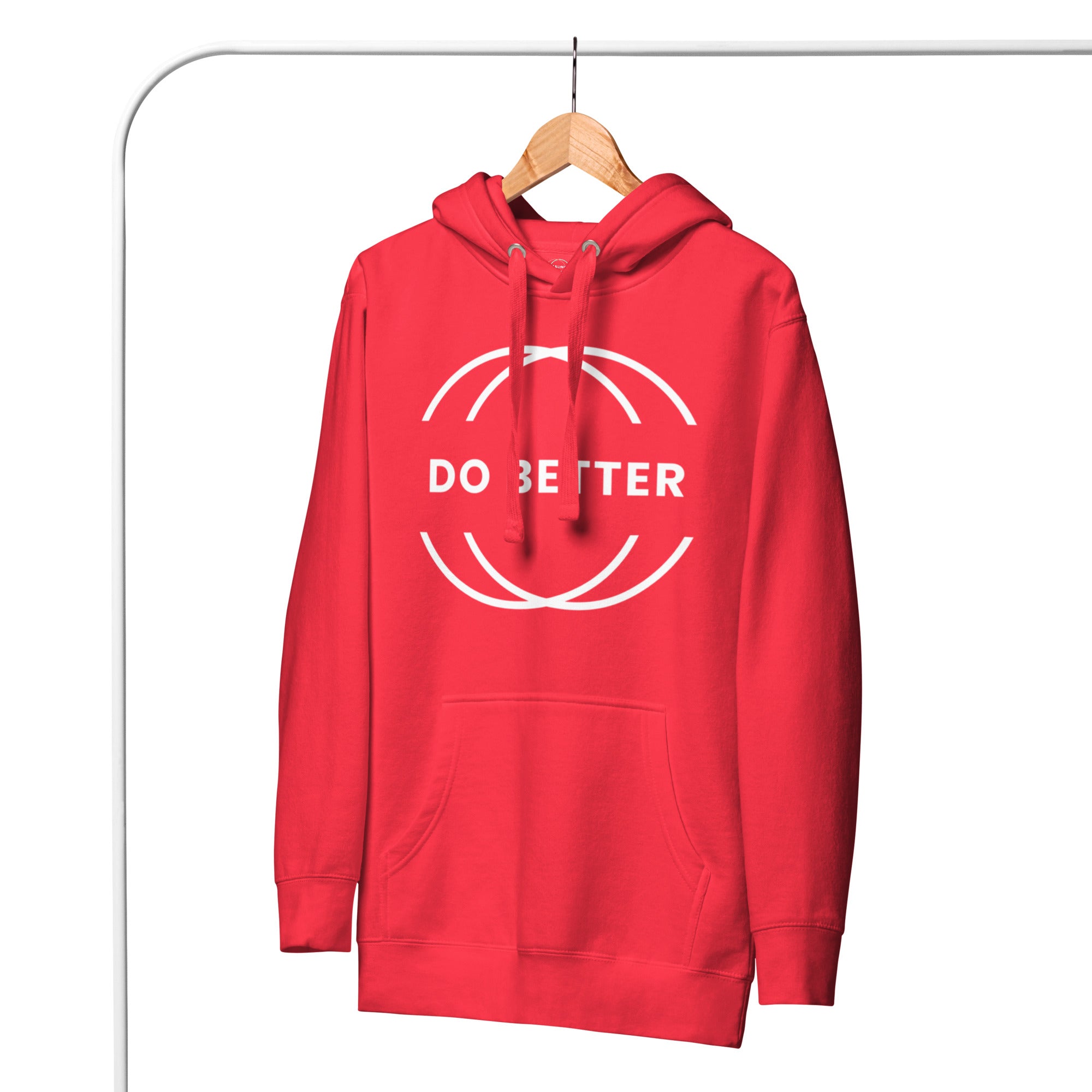 Red hoodie with white Do Better logo front pocket and adjustable drawstring from Scaling Better
