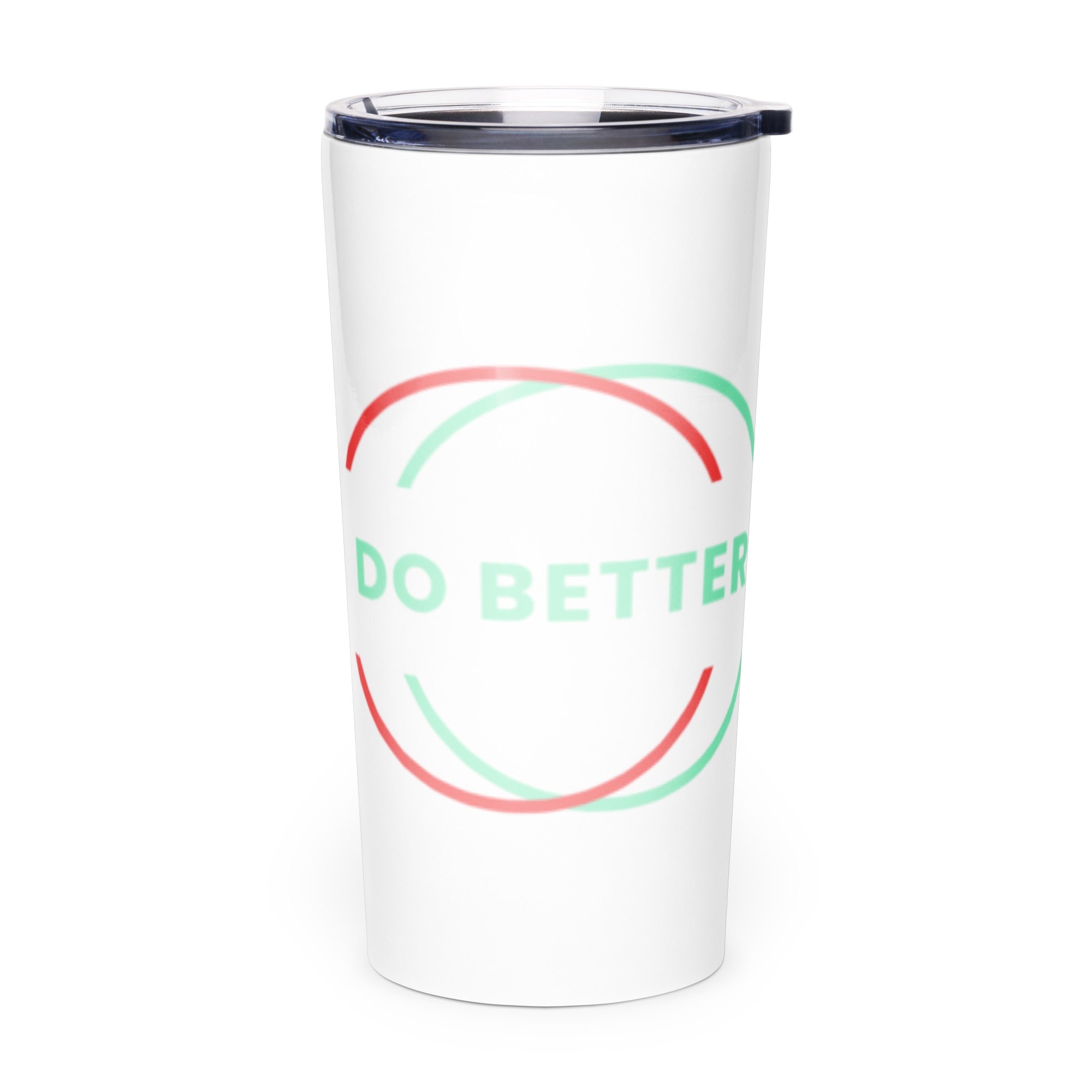 White do better tumbler by Scaling Better with red and green curved line design and clear lid