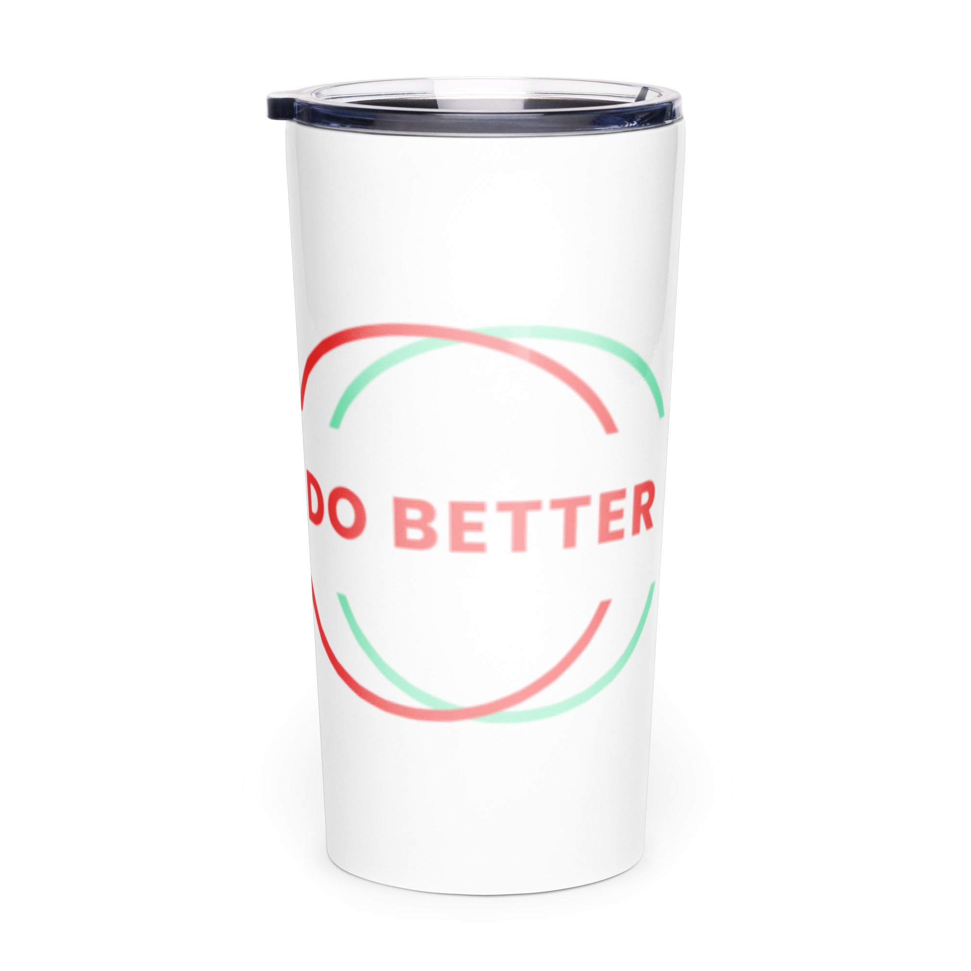 White do better tumbler with red and green overlapping circle design and clear lid