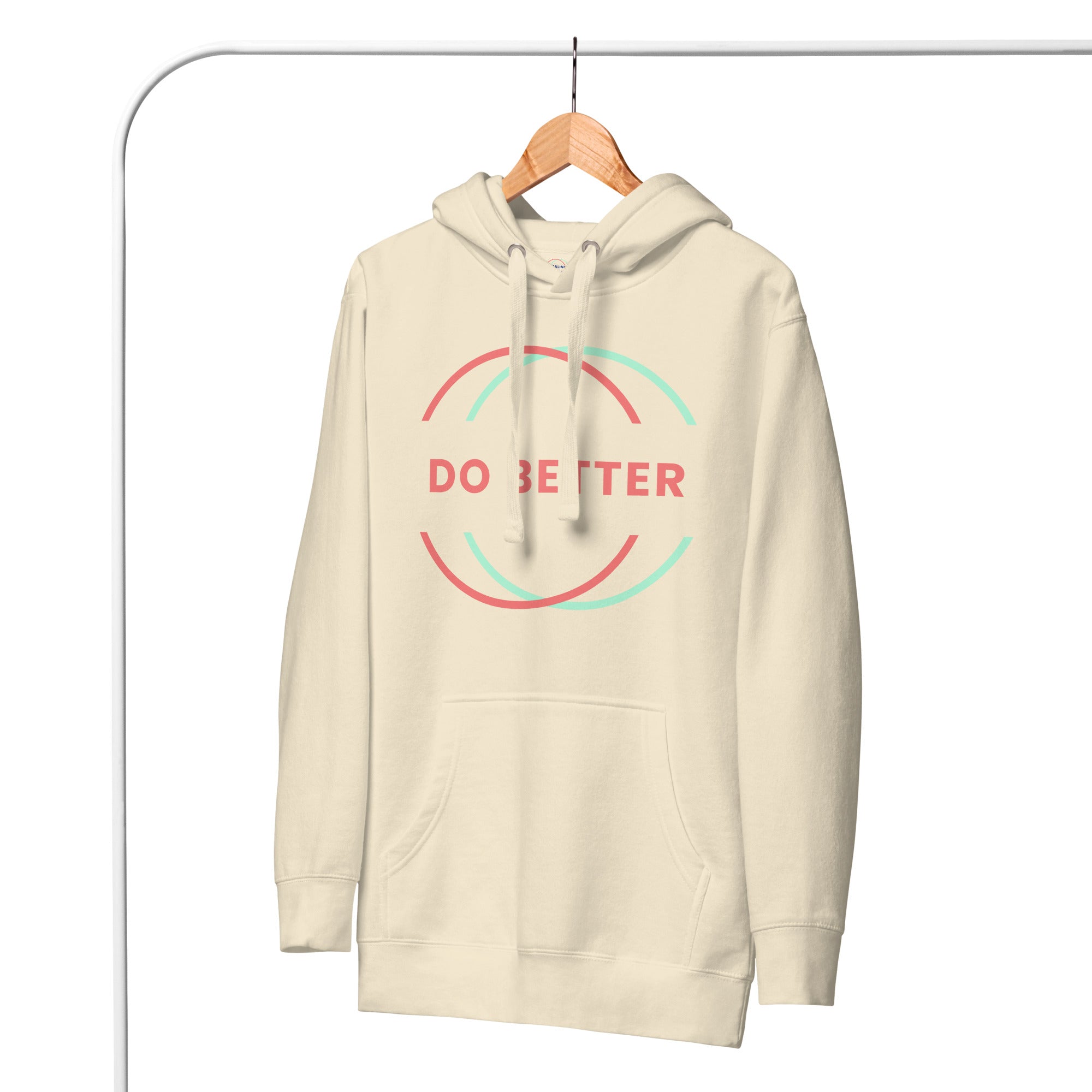 Scaling Better Do Better Hoodie in cream color with front pocket and drawstring hood
