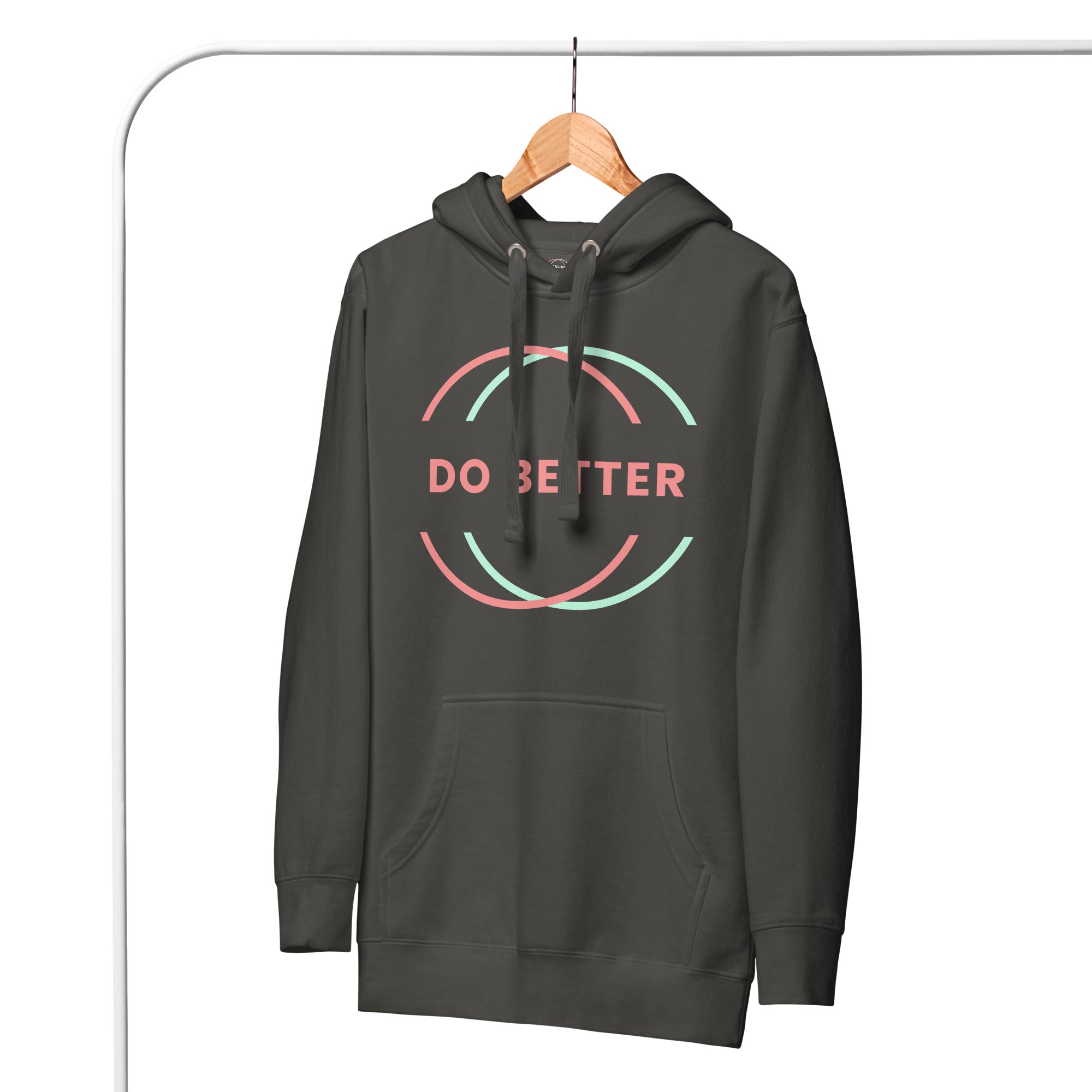 Scaling Better Do Better Hoodie in dark gray with pastel pink and green logo and front pocket