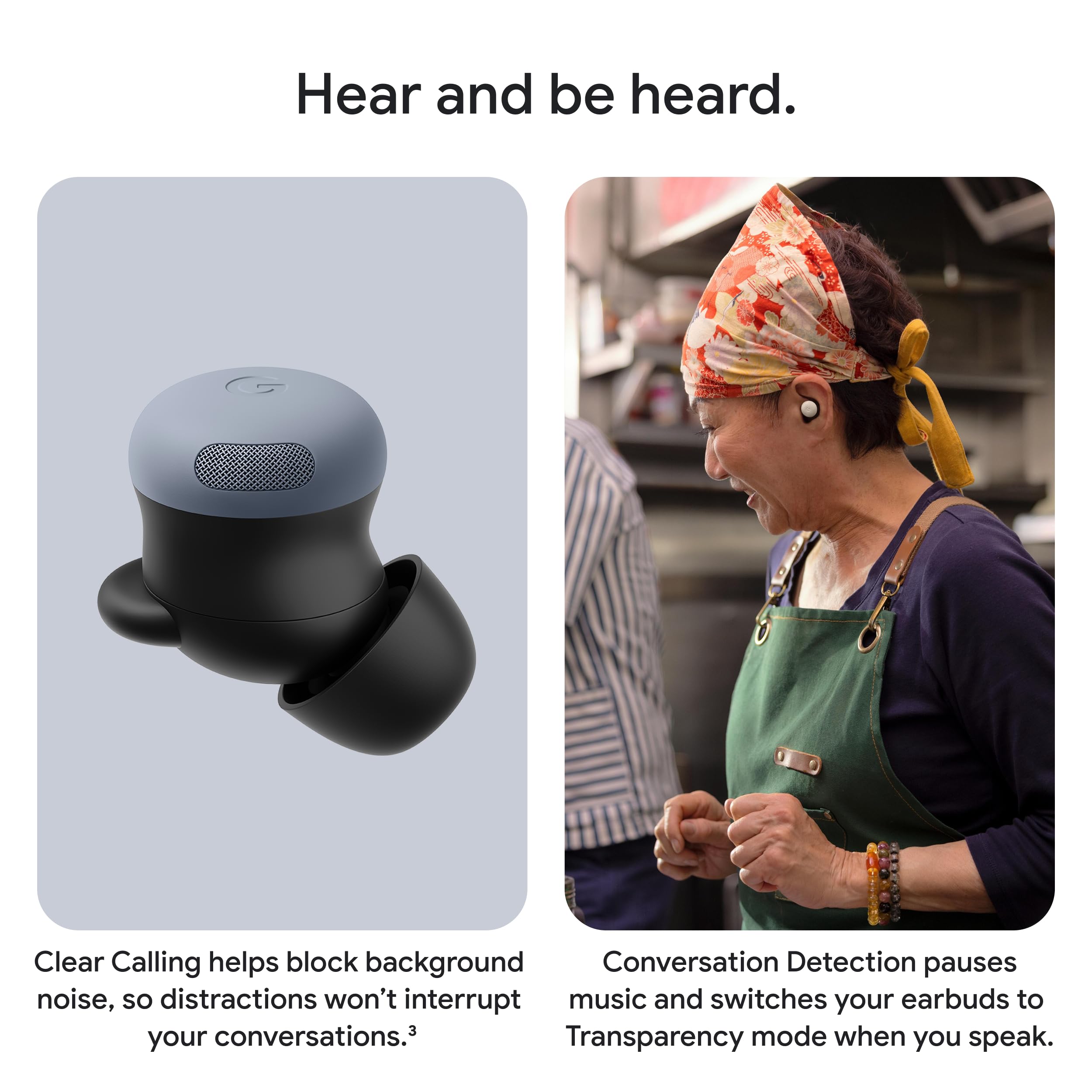 Google Pixel Buds Pro 2 wireless earbuds close up on left and a woman wearing one in a kitchen using Conversation Detection