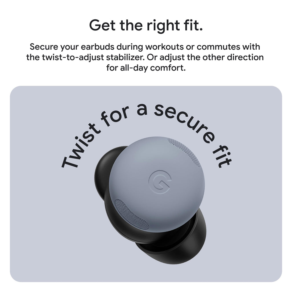Google Pixel Buds Pro 2 wireless earbuds single gray bud with G logo and twist to adjust stabilizer