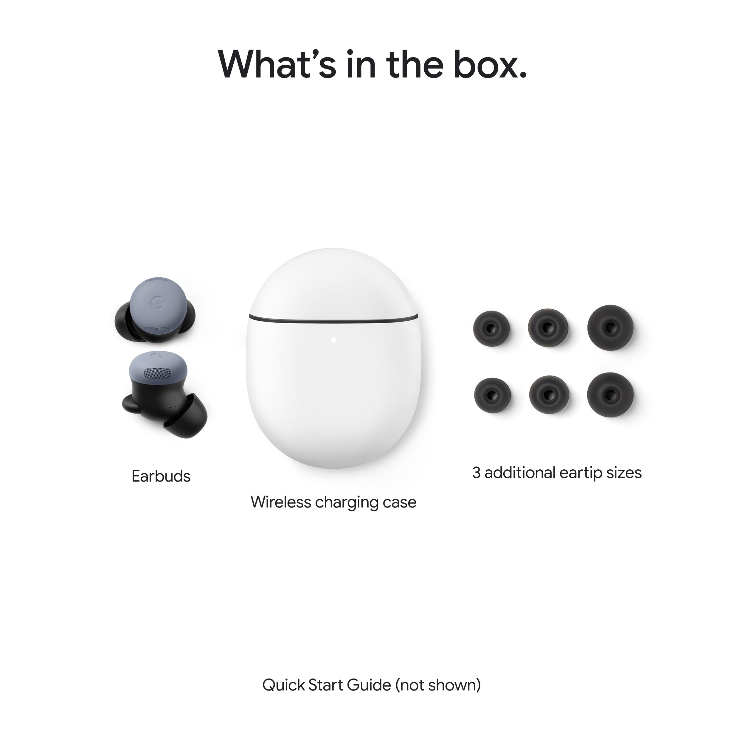 Google Pixel Buds Pro 2 wireless earbuds with white wireless charging case and three extra eartip sizes