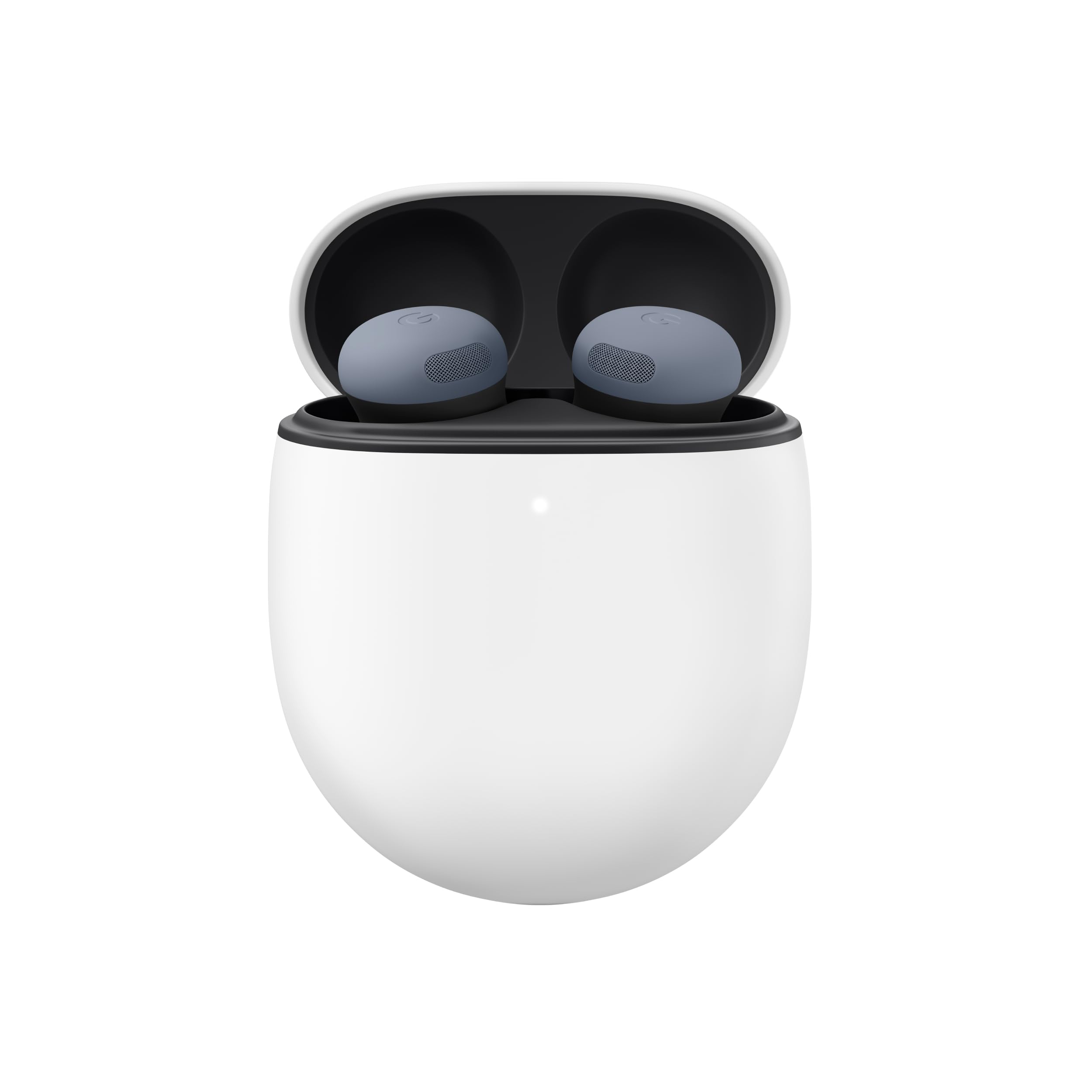 White charging case open showing blue gray earbuds inside Google Pixel Buds Pro 2 wireless earbuds.