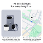 Google Pixel Buds Pro 2 wireless earbuds with charging case next to Pixel phone Pixel Watch and Find Hub map showing location