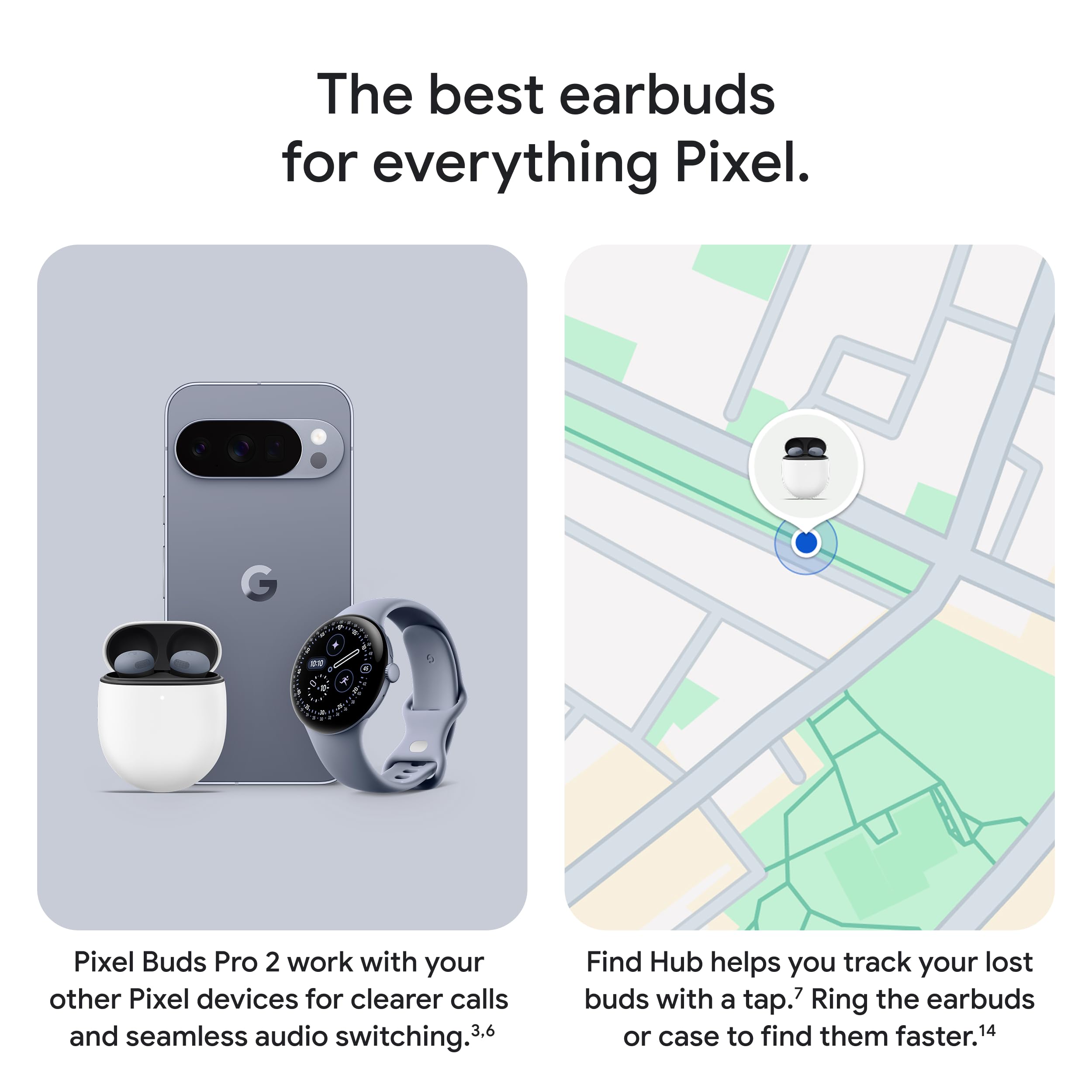 Google Pixel Buds Pro 2 wireless earbuds with charging case next to Pixel phone Pixel Watch and Find Hub map showing location