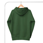 Rear view of a green do better hoodie hanging on wooden hanger against white background