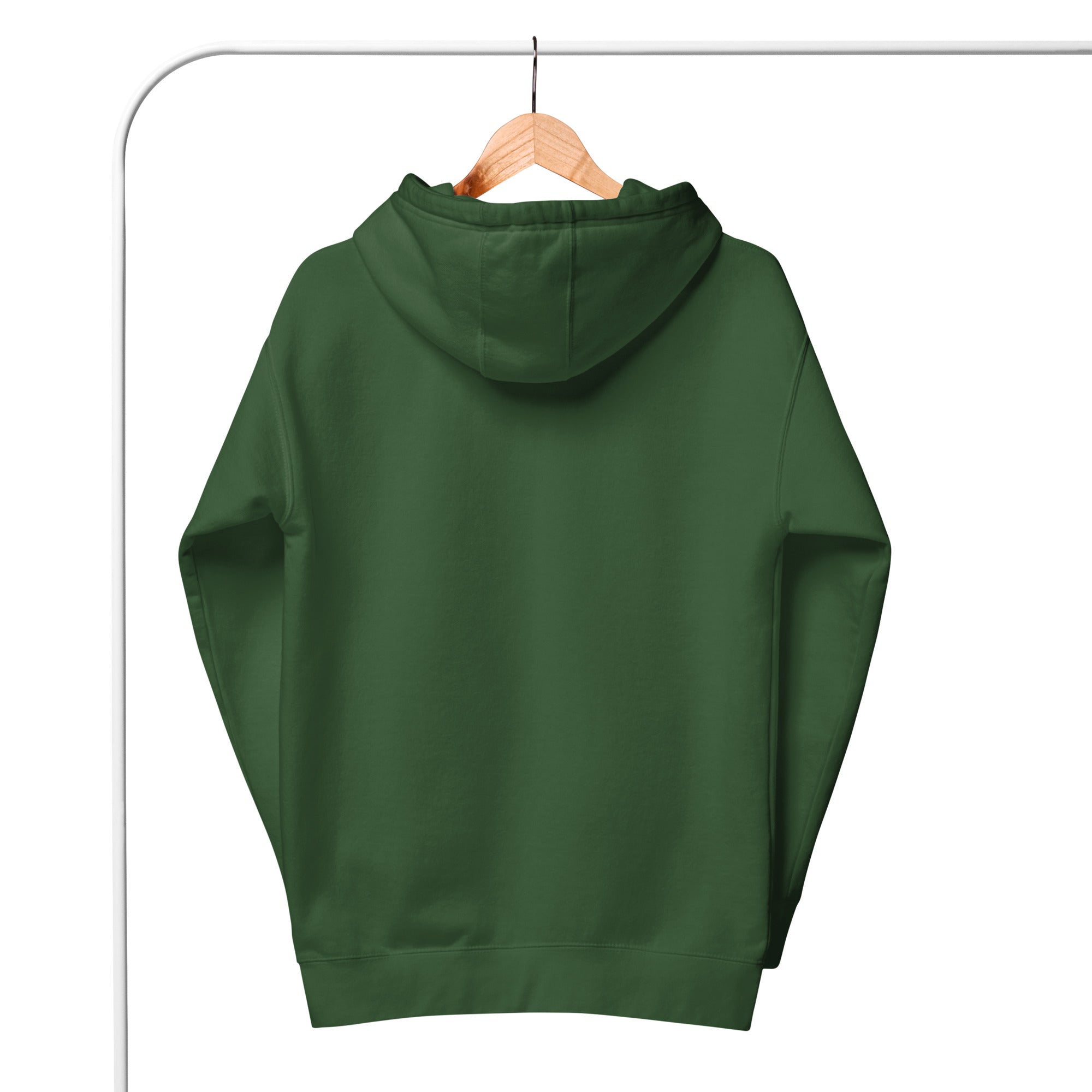 Rear view of a green do better hoodie hanging on wooden hanger against white background