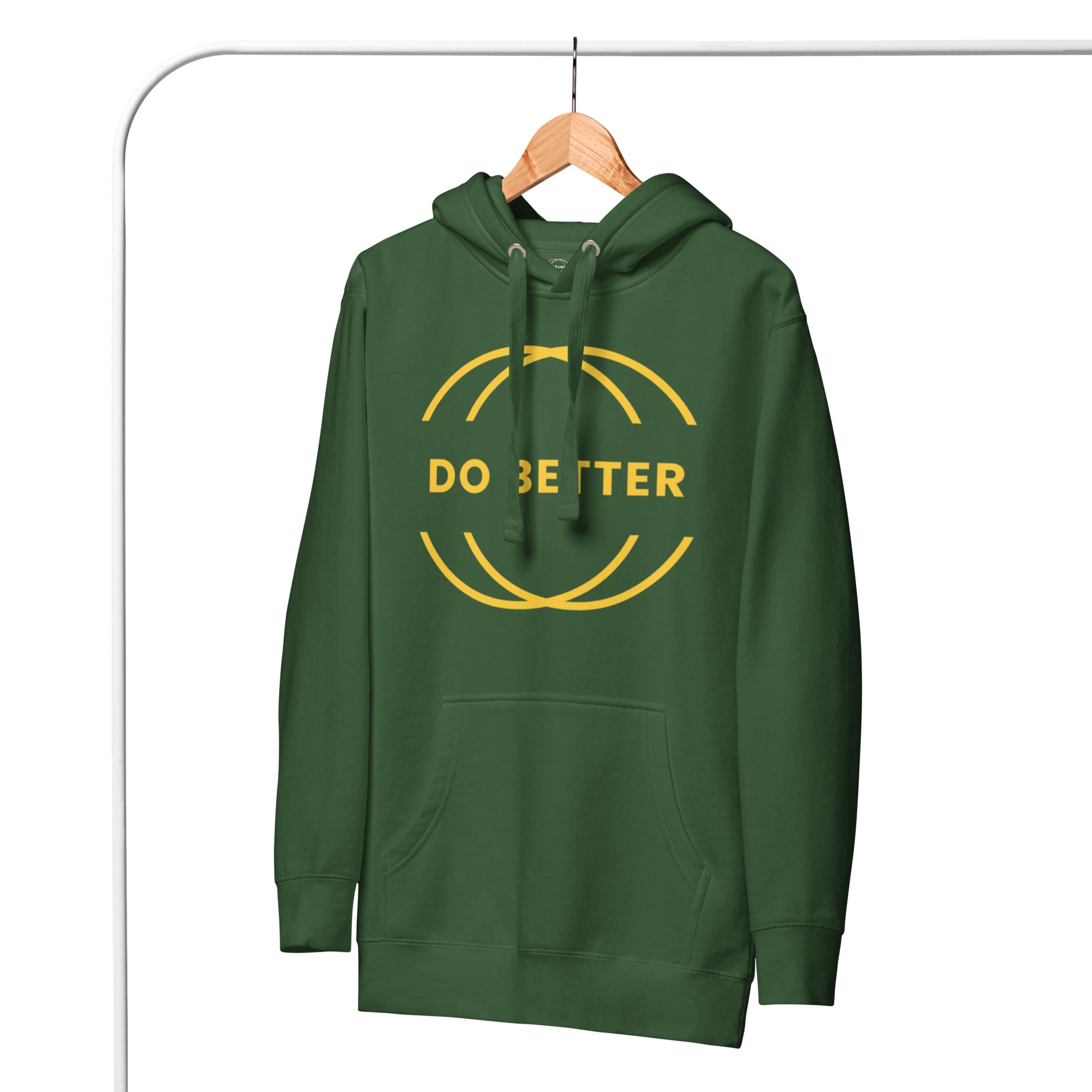 Green do better hoodie with yellow circular design and front pocket hanging on wooden hanger