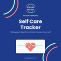 Scaling Better Notion Self Care Tracker template — navy product graphic with heart and heartbeat illustration, weekly goals and gentle reminders to ground yourself