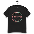 Black do better motivational tee by Scaling Better with pink and teal circular design